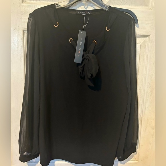 Atelier 29 Black Tie Front Blouse with Sheer Sleeves NWOT - Picture 1 of 6